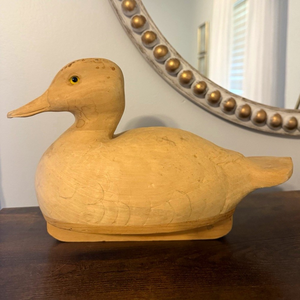 Vintage Wood Duck Hunting Decoy Carved Unpainted Glass Eyes Beige 12 in L 9 in H